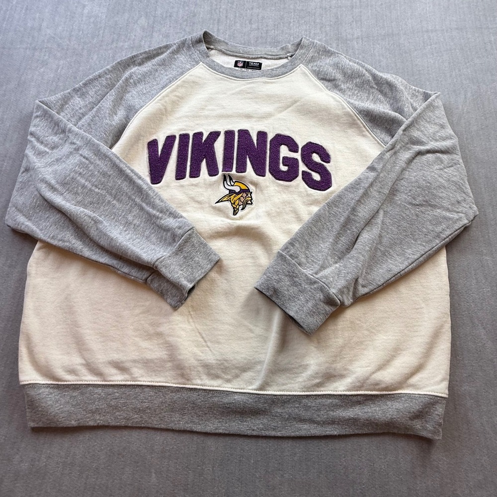 NFL Team Apparel Minnesota Vikings Womens Sweatshirt Large Gray Cream Raglan L